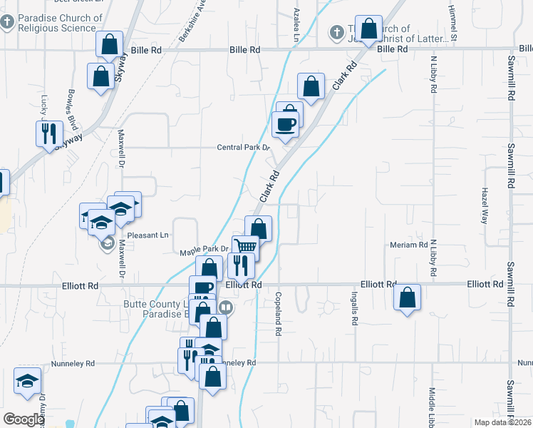 map of restaurants, bars, coffee shops, grocery stores, and more near 6150 Clark Road in Paradise
