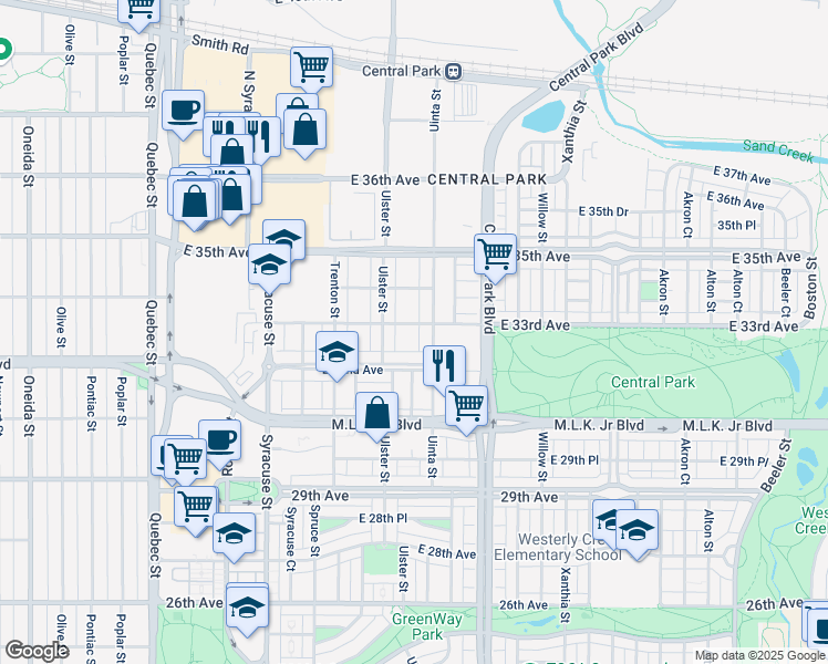 map of restaurants, bars, coffee shops, grocery stores, and more near 8145 East 34th Avenue in Denver