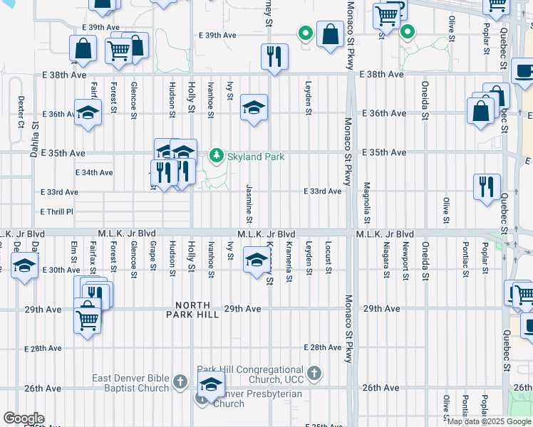 map of restaurants, bars, coffee shops, grocery stores, and more near 3283 Kearney Street in Denver