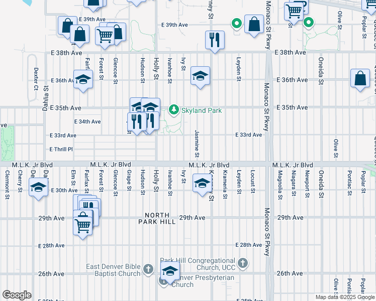 map of restaurants, bars, coffee shops, grocery stores, and more near 3285 Jasmine Street in Denver