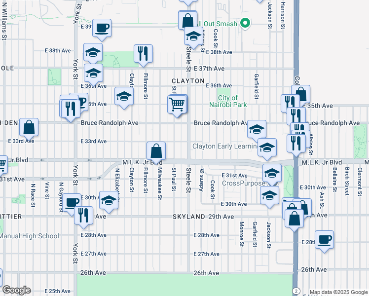 map of restaurants, bars, coffee shops, grocery stores, and more near 3315 Steele Street in Denver