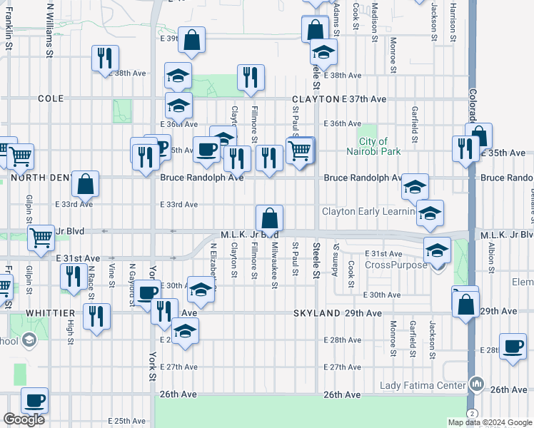 map of restaurants, bars, coffee shops, grocery stores, and more near 3306 Fillmore Street in Denver