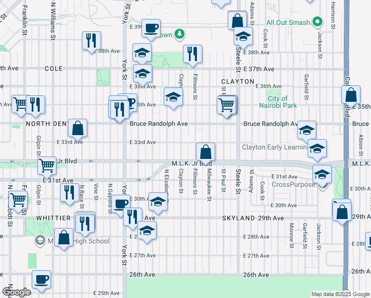 map of restaurants, bars, coffee shops, grocery stores, and more near 3301 Clayton Street in Denver