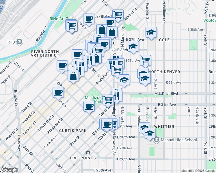 map of restaurants, bars, coffee shops, grocery stores, and more near 1017 33rd Street in Denver