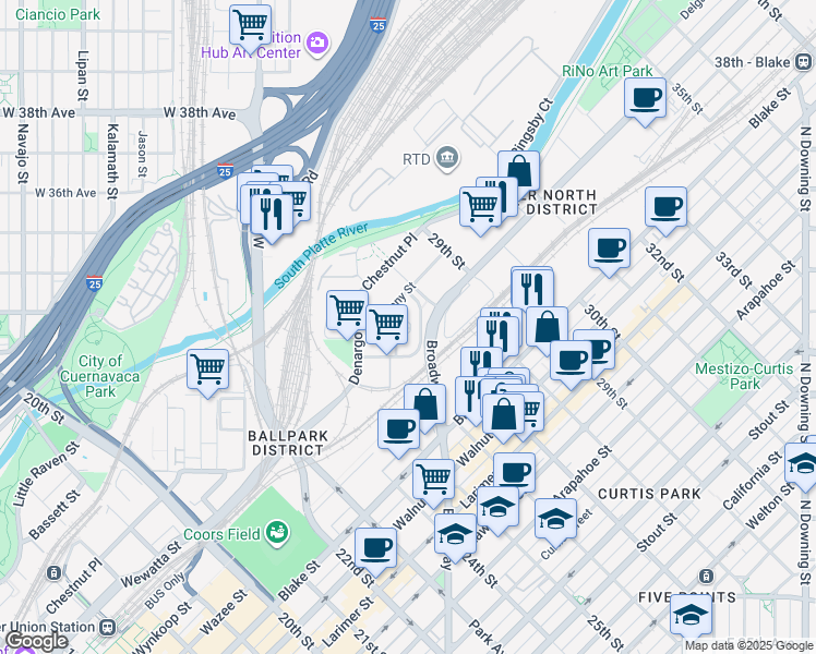 map of restaurants, bars, coffee shops, grocery stores, and more near 1898 29th Street in Denver