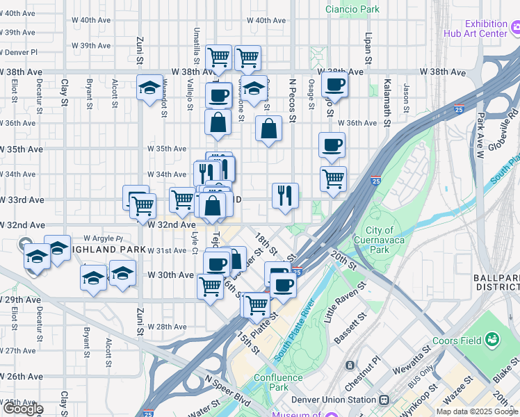 map of restaurants, bars, coffee shops, grocery stores, and more near 1839 West 33rd Avenue in Denver