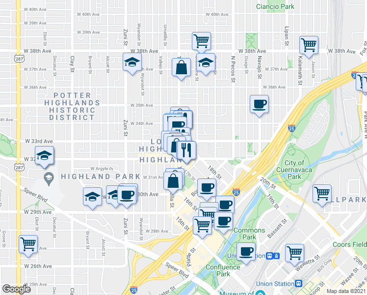 map of restaurants, bars, coffee shops, grocery stores, and more near in Denver
