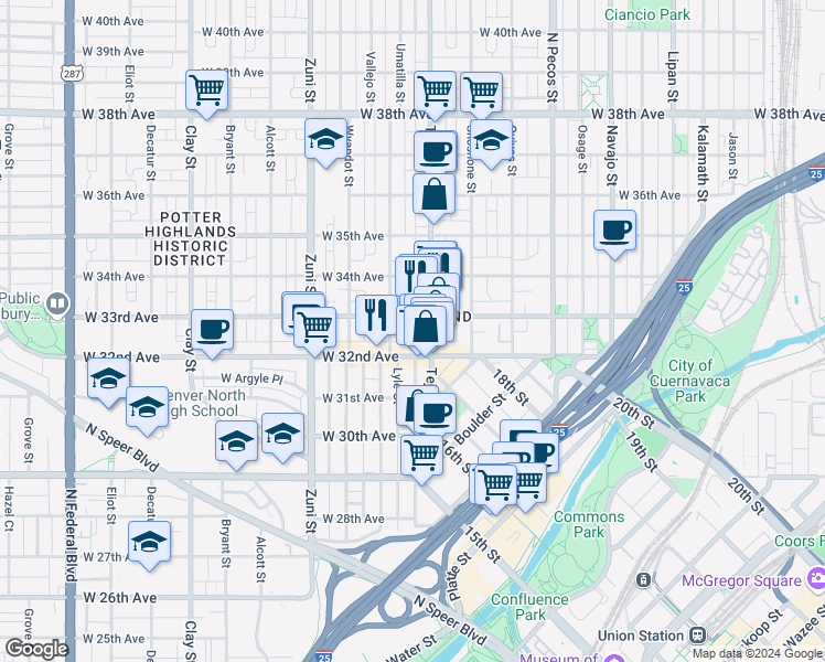map of restaurants, bars, coffee shops, grocery stores, and more near 2001 West 33rd Avenue in Denver