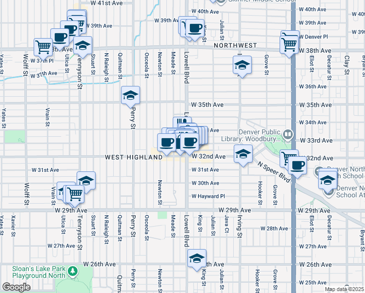 map of restaurants, bars, coffee shops, grocery stores, and more near 3494 West 33rd Avenue in Denver