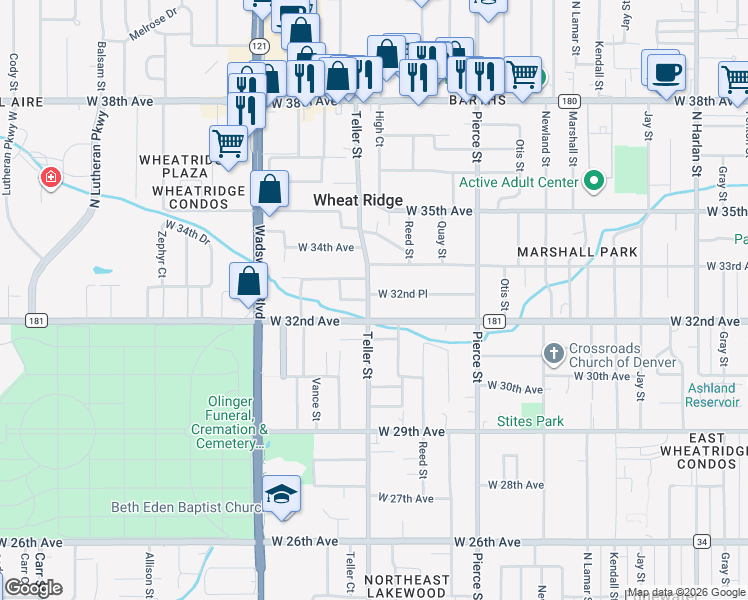 map of restaurants, bars, coffee shops, grocery stores, and more near 3270 Teller Street in Wheat Ridge