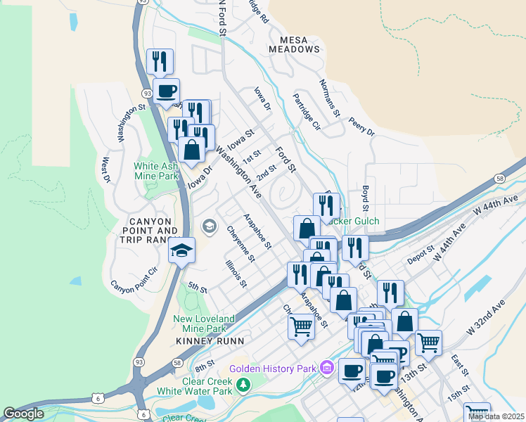 map of restaurants, bars, coffee shops, grocery stores, and more near 348 Goldco Circle in Golden