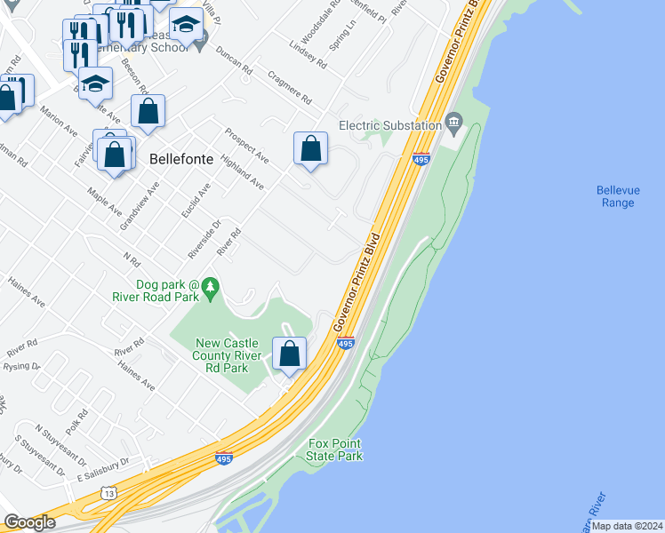 map of restaurants, bars, coffee shops, grocery stores, and more near in New Castle County