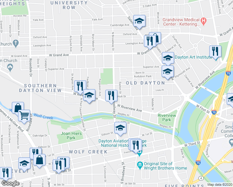 map of restaurants, bars, coffee shops, grocery stores, and more near 732 North Broadway Street in Dayton