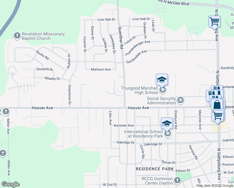 map of restaurants, bars, coffee shops, grocery stores, and more near 1137 Guenther Road in Dayton
