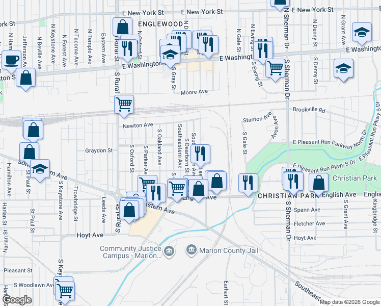 map of restaurants, bars, coffee shops, grocery stores, and more near 265 South Dearborn Street in Indianapolis