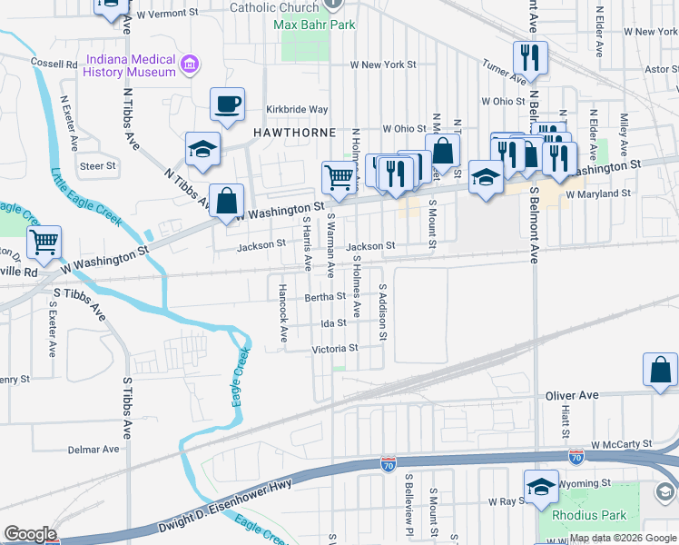 map of restaurants, bars, coffee shops, grocery stores, and more near 2731 Jackson Street in Indianapolis