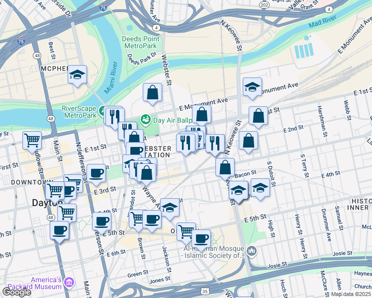 map of restaurants, bars, coffee shops, grocery stores, and more near 600 Pond Street in Dayton