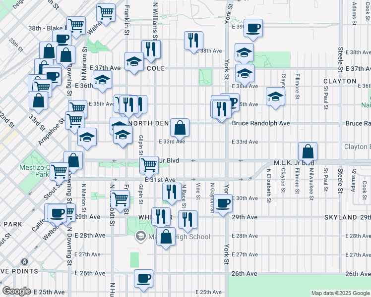 map of restaurants, bars, coffee shops, grocery stores, and more near 3236 Race Street in Denver