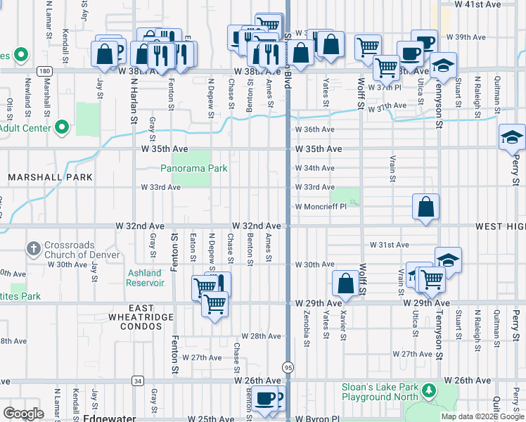 map of restaurants, bars, coffee shops, grocery stores, and more near 3286 Benton Street in Wheat Ridge
