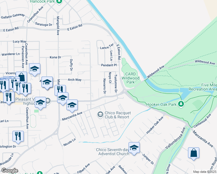 map of restaurants, bars, coffee shops, grocery stores, and more near 5 Noyo Court in Chico