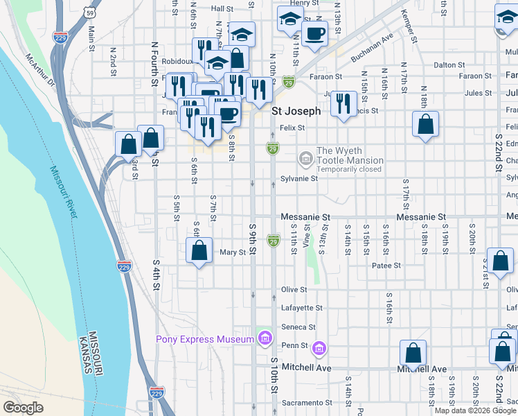 map of restaurants, bars, coffee shops, grocery stores, and more near 424 South 9th Street in Saint Joseph