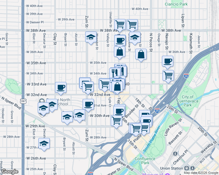 map of restaurants, bars, coffee shops, grocery stores, and more near 2001 West 33rd Avenue in Denver