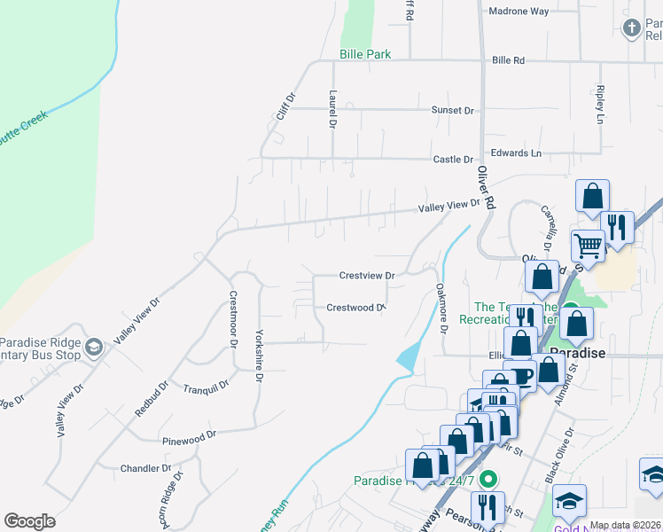 map of restaurants, bars, coffee shops, grocery stores, and more near 5869 Crestview Drive in Paradise