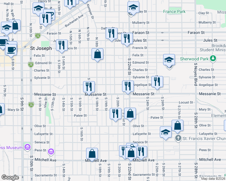 map of restaurants, bars, coffee shops, grocery stores, and more near 503 South 20th Street in Saint Joseph