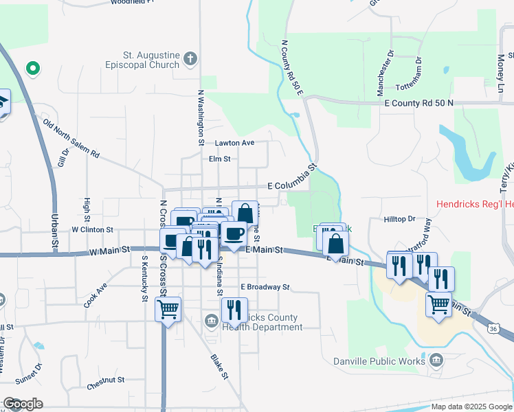 map of restaurants, bars, coffee shops, grocery stores, and more near 300 North Street in Danville