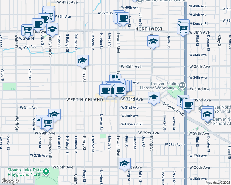 map of restaurants, bars, coffee shops, grocery stores, and more near 3251 Lowell Boulevard in Denver