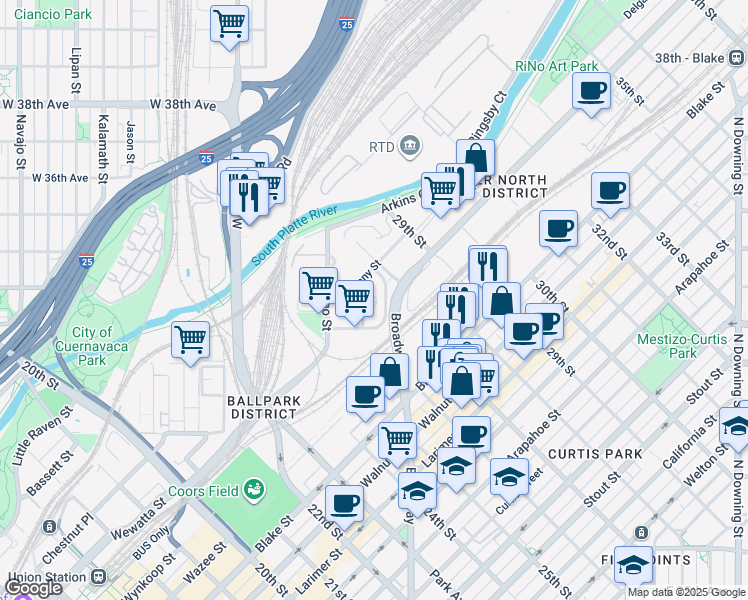 map of restaurants, bars, coffee shops, grocery stores, and more near 2797 Wewatta Way in Denver