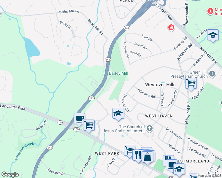 map of restaurants, bars, coffee shops, grocery stores, and more near 714 Walkers Mill Lane in Wilmington