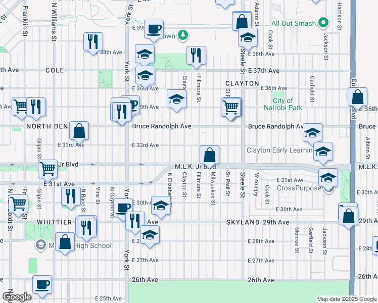 map of restaurants, bars, coffee shops, grocery stores, and more near 3301 Clayton Street in Denver