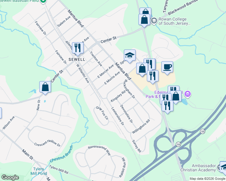 map of restaurants, bars, coffee shops, grocery stores, and more near 161 Morris Avenue in Mantua Township