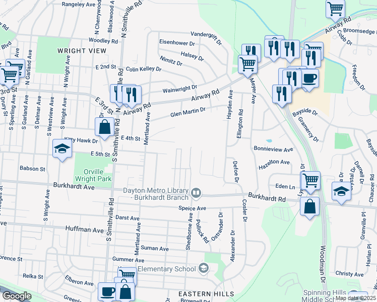 map of restaurants, bars, coffee shops, grocery stores, and more near 102 Blackberry Road in Dayton