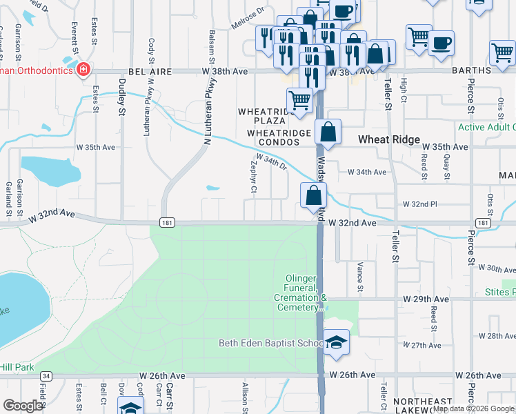 map of restaurants, bars, coffee shops, grocery stores, and more near 3304 Zephyr Court in Wheat Ridge