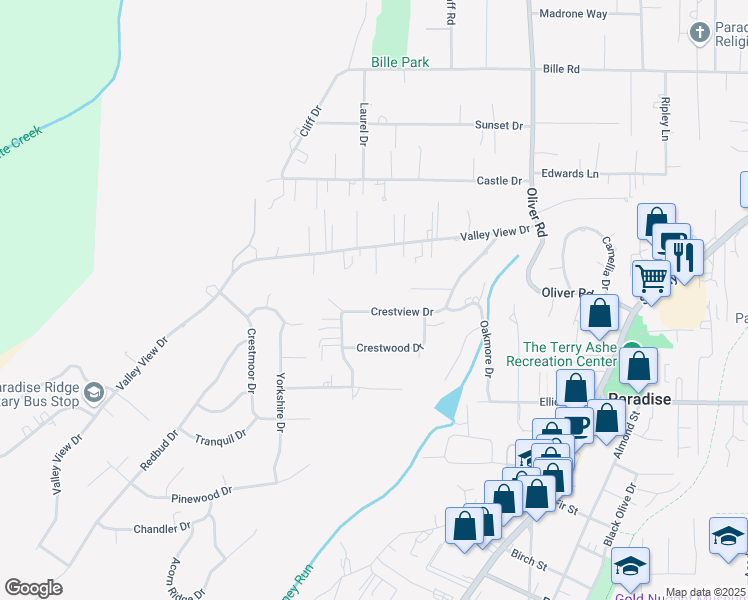 map of restaurants, bars, coffee shops, grocery stores, and more near 5887 Crestview Drive in Paradise