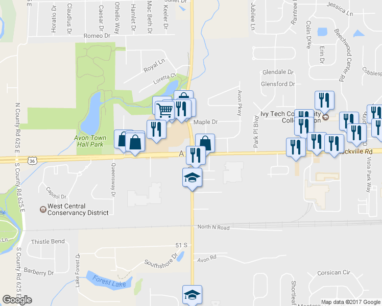 map of restaurants, bars, coffee shops, grocery stores, and more near 6998 U.S. 36 in Avon