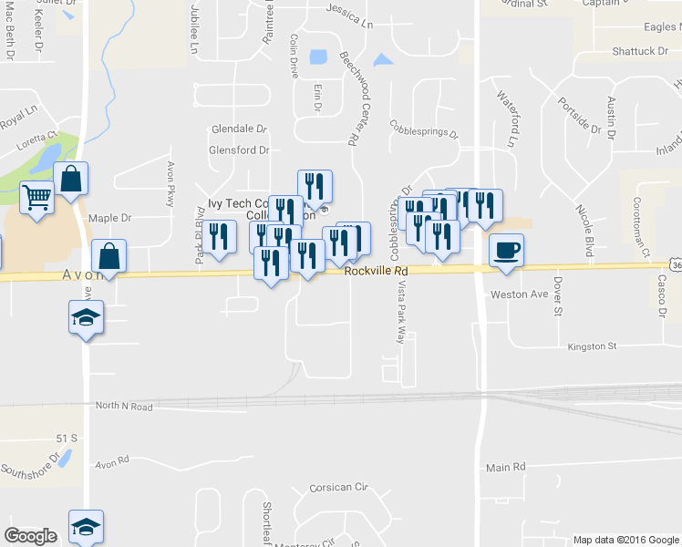 map of restaurants, bars, coffee shops, grocery stores, and more near 7649 U.S. 36 in Avon