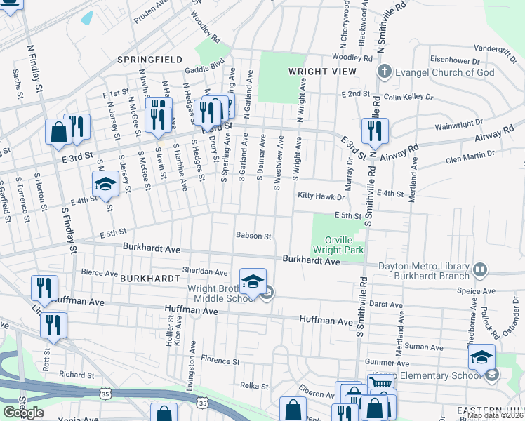 map of restaurants, bars, coffee shops, grocery stores, and more near 135 South Westview Avenue in Dayton
