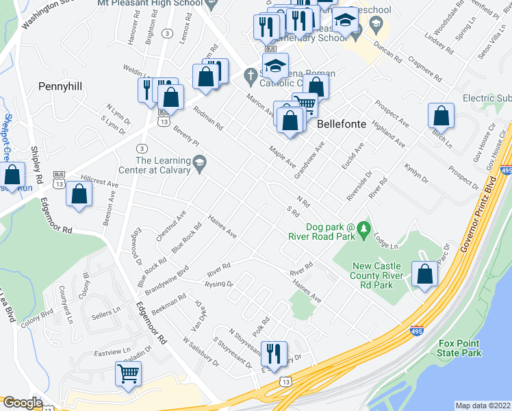 map of restaurants, bars, coffee shops, grocery stores, and more near 607 Lore Avenue in Wilmington