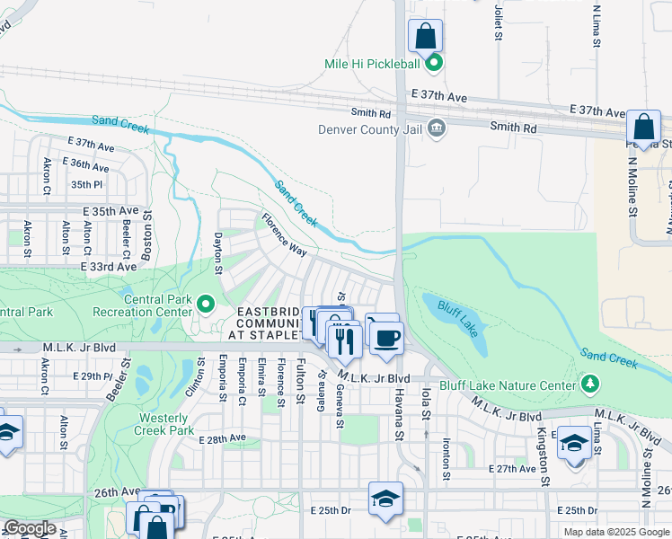 map of restaurants, bars, coffee shops, grocery stores, and more near 5692 Galena Street in Denver