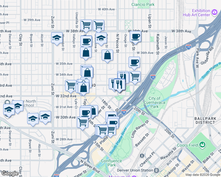 map of restaurants, bars, coffee shops, grocery stores, and more near 3258 Quivas Street in Denver