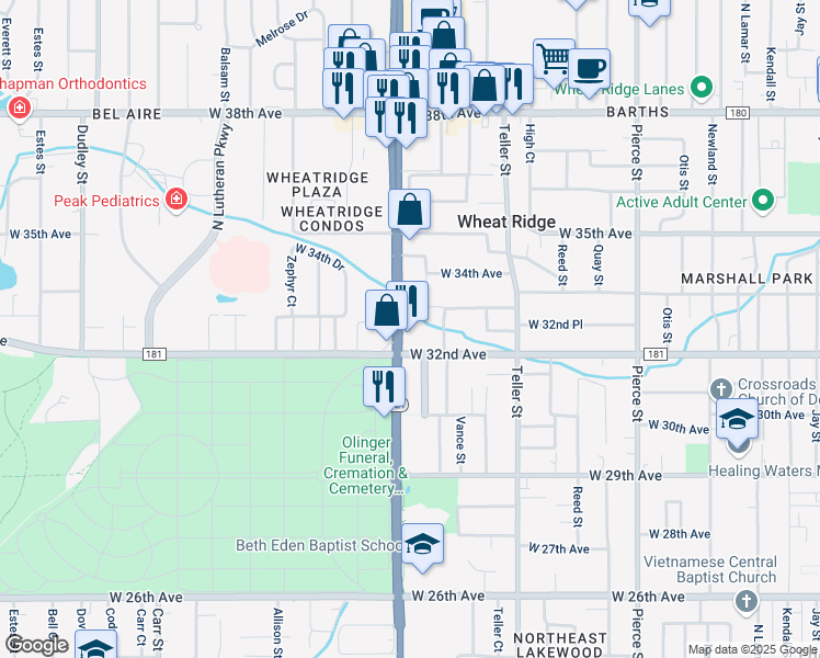 map of restaurants, bars, coffee shops, grocery stores, and more near 7575 West 33rd Avenue in Wheat Ridge
