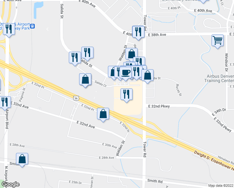 map of restaurants, bars, coffee shops, grocery stores, and more near Walden Street in Aurora