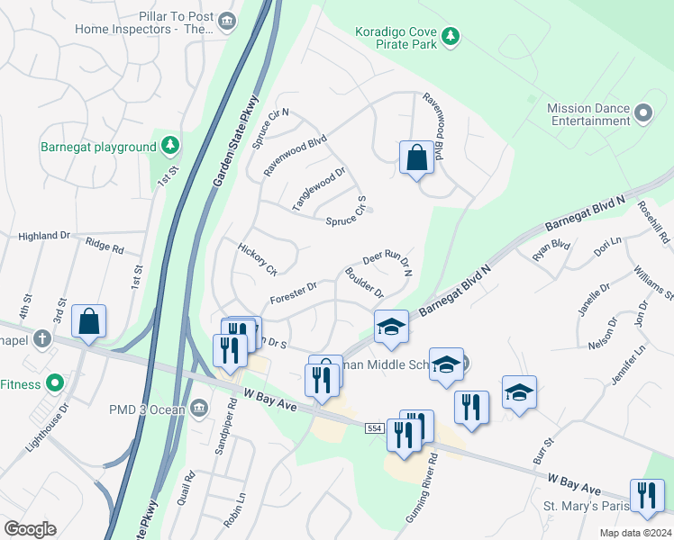 map of restaurants, bars, coffee shops, grocery stores, and more near 9 Deer Run Drive North in Barnegat Township