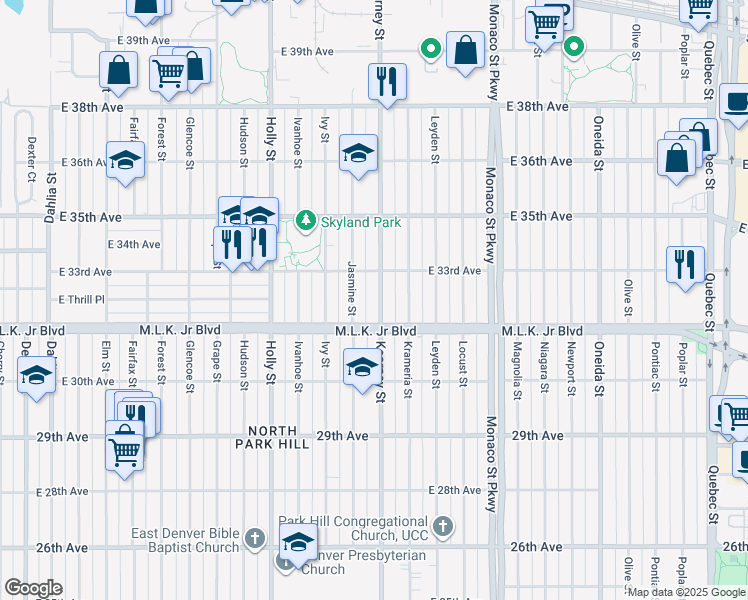 map of restaurants, bars, coffee shops, grocery stores, and more near 3283 Kearney Street in Denver