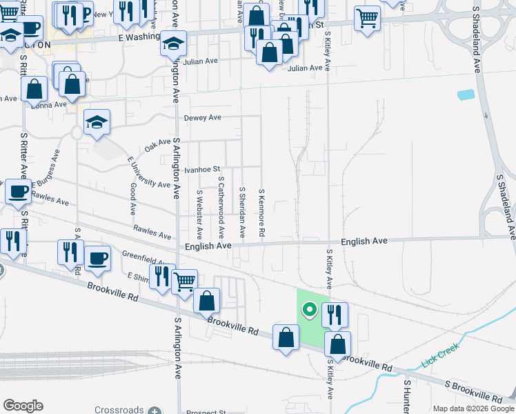 map of restaurants, bars, coffee shops, grocery stores, and more near 381 South Sheridan Avenue in Indianapolis