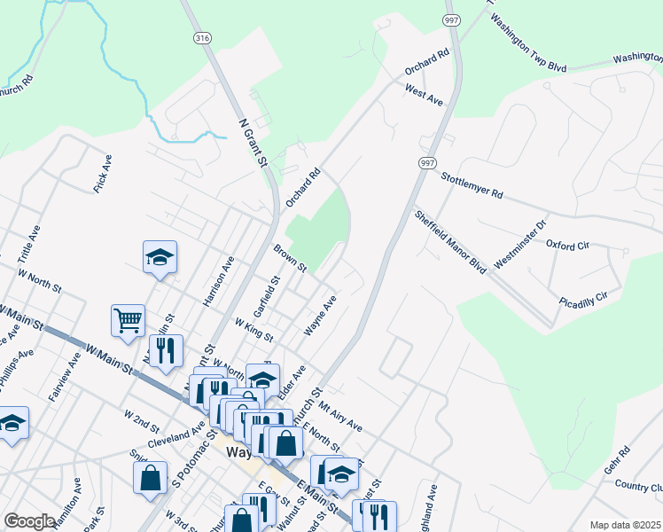 map of restaurants, bars, coffee shops, grocery stores, and more near 520 North Potomac Street in Waynesboro