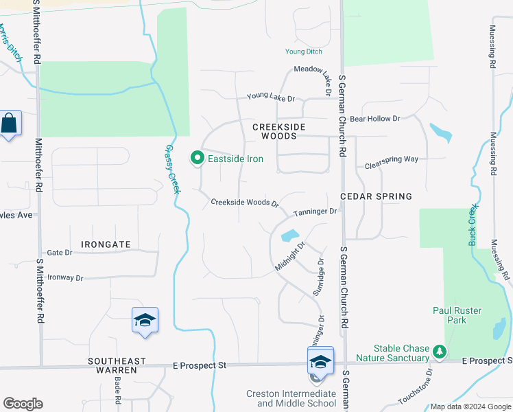map of restaurants, bars, coffee shops, grocery stores, and more near 10705 Creekside Woods Drive in Indianapolis